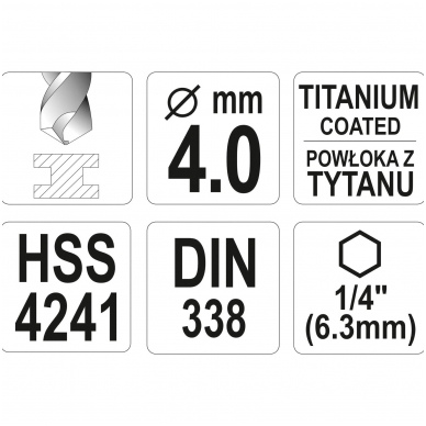 Grąžtas metalui su Hex 6.3 mm (1/4") galu HSS-TiN | 4.0 mm 3