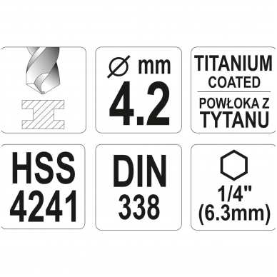 Grąžtas metalui su Hex 6.3 mm (1/4") galu HSS-TiN  4.2 mm 3