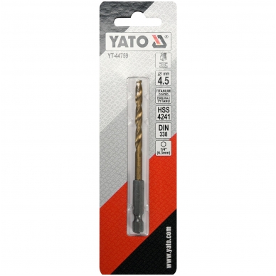 Grąžtas metalui su Hex 6.3 mm (1/4") galu HSS-TiN 4.5 mm 2 Grąžtas metalui su Hex 6.3 mm (1/4") galu HSS-TiN 4.5 mm 2