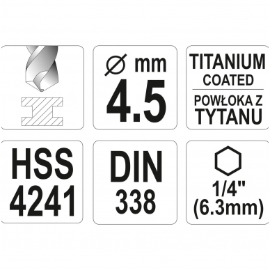 Grąžtas metalui su Hex 6.3 mm (1/4") galu HSS-TiN  4.5 mm 3