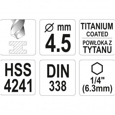 Grąžtas metalui su Hex 6.3 mm (1/4") galu HSS-TiN 4.5 mm 3 Grąžtas metalui su Hex 6.3 mm (1/4") galu HSS-TiN 4.5 mm 3