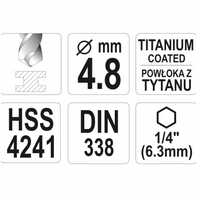 Grąžtas metalui su Hex 6.3 mm (1/4") galu HSS-TiN | 4.8 mm 3