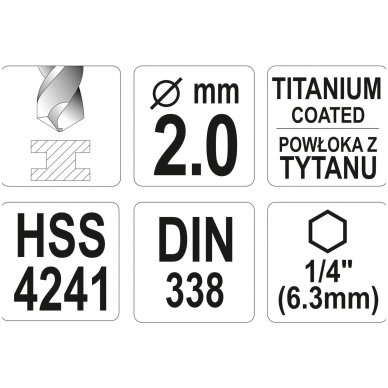 Grąžtas metalui su Hex 6.3 mm  galu HSS-TiN  2.0 mm 3