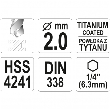 Grąžtas metalui su Hex 6.3 mm galu HSS-TiN 2.0 mm 3 Grąžtas metalui su Hex 6.3 mm galu HSS-TiN 2.0 mm 3