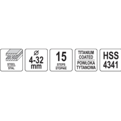 Grąžtas pakopinis spiralinis HSS 4341  Ø 4 - 32mm. 1