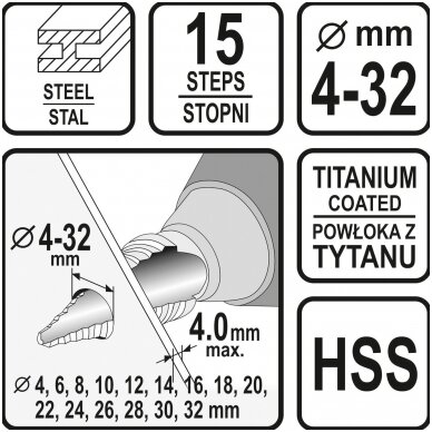 Grąžtas skylės (pa)platinimui pakopinis- 4-32mm. 3 Grąžtas skylės (pa)platinimui pakopinis- 4-32mm. 3