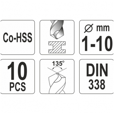 Grąžtų metalui rinkinys Cobalt-HSS 10vnt. 1-10mm. 1