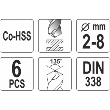 Grąžtų metalui rinkinys Cobalt-HSS 6vnt. 2-8mm. 1 Grąžtų metalui rinkinys Cobalt-HSS 6vnt. 2-8mm. 1