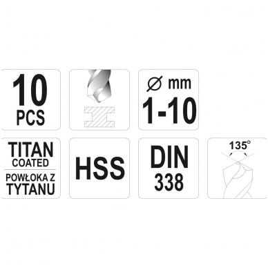 Grąžtų metalui rinkinys HSS-Titan 10vnt. 1-10mm. 1
