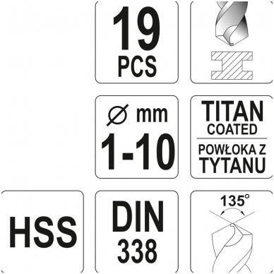 Grąžtų metalui rinkinys HSS-Titan 19vnt. 1-10mm. 2