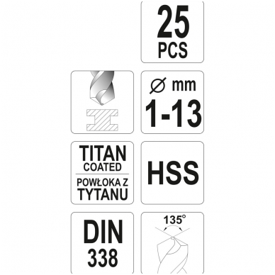 Grąžtų metalui rinkinys HSS-Titan 25vnt. 1-13mm. 2