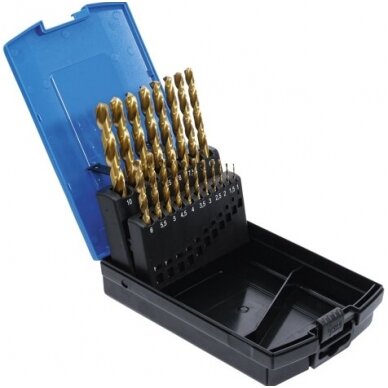Grąžtų rinkinys HSS G, titano nitridas 1 - 10mm. 19vnt. 2 Grąžtų rinkinys HSS G, titano nitridas 1 - 10mm. 19vnt. 2