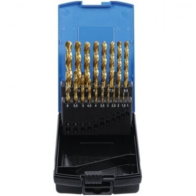 Grąžtų rinkinys HSS G, titano nitridas 1 - 10mm. 19vnt. Grąžtų rinkinys HSS G, titano nitridas 1 - 10mm. 19vnt.
