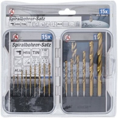 Grąžtų rinkinys HSS, titano nitridas, 1.5-10mm.15vnt. 2 Grąžtų rinkinys HSS, titano nitridas, 1.5-10mm.15vnt. 2
