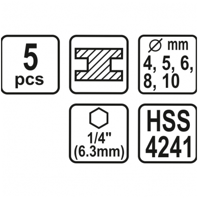 Grąžtų rinkinys metalui 4-10mm, 5vnt, 1/4" antgalis 2