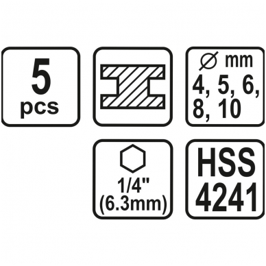 Grąžtų rinkinys metalui 4-10mm, 5vnt, 1/4" antgalis 2 Grąžtų rinkinys metalui 4-10mm, 5vnt, 1/4" antgalis 2