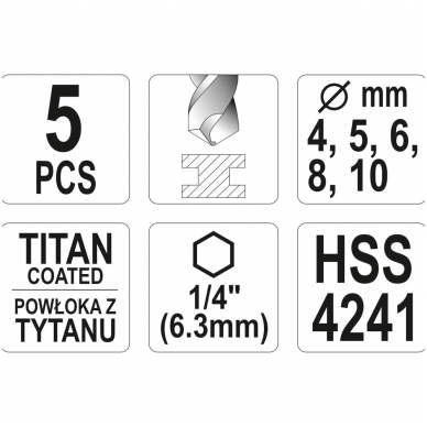 Grąžtų rinkinys metalui titan 4-10mm. 5vnt. (1/4") antgalis 2