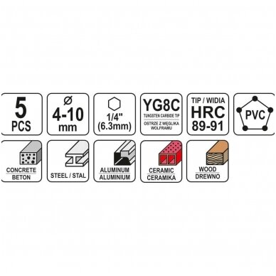 Grąžtų rinkinys su Hex (1/4") galu universalūs 4 - 10mm. 5vnt. 1 Grąžtų rinkinys su Hex (1/4") galu universalūs 4 - 10mm. 5vnt. 1