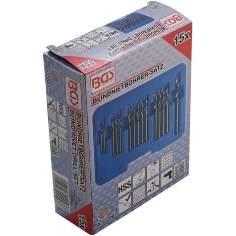 Grąžtų rinkinys kniedžių skylėms HSS 2.4 - 6.4mm. 15vnt. 2 Grąžtų rinkinys kniedžių skylėms HSS 2.4 - 6.4mm. 15vnt. 2