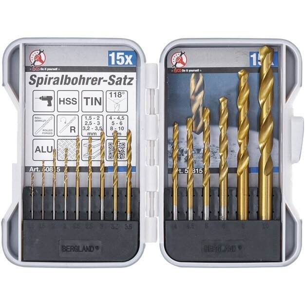 Grąžtų rinkinys HSS, titano nitridas, 1.5-10mm.15vnt. Grąžtų rinkinys HSS, titano nitridas, 1.5-10mm.15vnt.