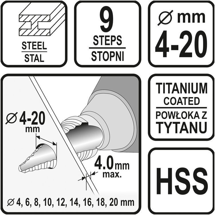 Grąžtas skylės (pa)platinimui pakopinis 4-20mm. 3 Grąžtas skylės (pa)platinimui pakopinis 4-20mm. 3
