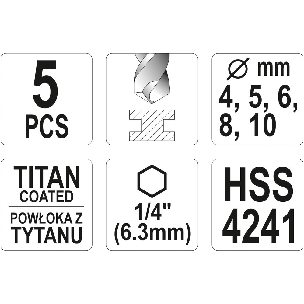 Grąžtų rinkinys metalui titan 4-10mm. 5vnt. (1/4") antgalis 2