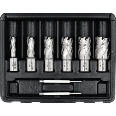 HSS žiedinių/karūninių grąžtų rinkinys metalui  Weldon tipas 12–27 mm. 8 vnt