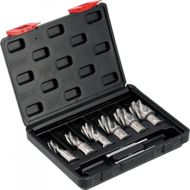 HSS žiedinių/karūninių grąžtų rinkinys metalui Weldon tipas 12–27 mm. 8 vnt 1 HSS žiedinių/karūninių grąžtų rinkinys metalui Weldon tipas 12–27 mm. 8 vnt 1