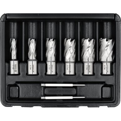 HSS žiedinių/karūninių grąžtų rinkinys metalui Weldon tipas 12–27 mm. 8 vnt HSS žiedinių/karūninių grąžtų rinkinys metalui Weldon tipas 12–27 mm. 8 vnt