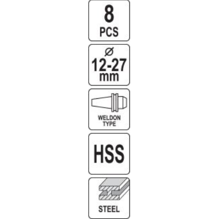 HSS žiedinių/karūninių grąžtų rinkinys metalui Weldon tipas 12–27 mm. 8 vnt 2 HSS žiedinių/karūninių grąžtų rinkinys metalui Weldon tipas 12–27 mm. 8 vnt 2
