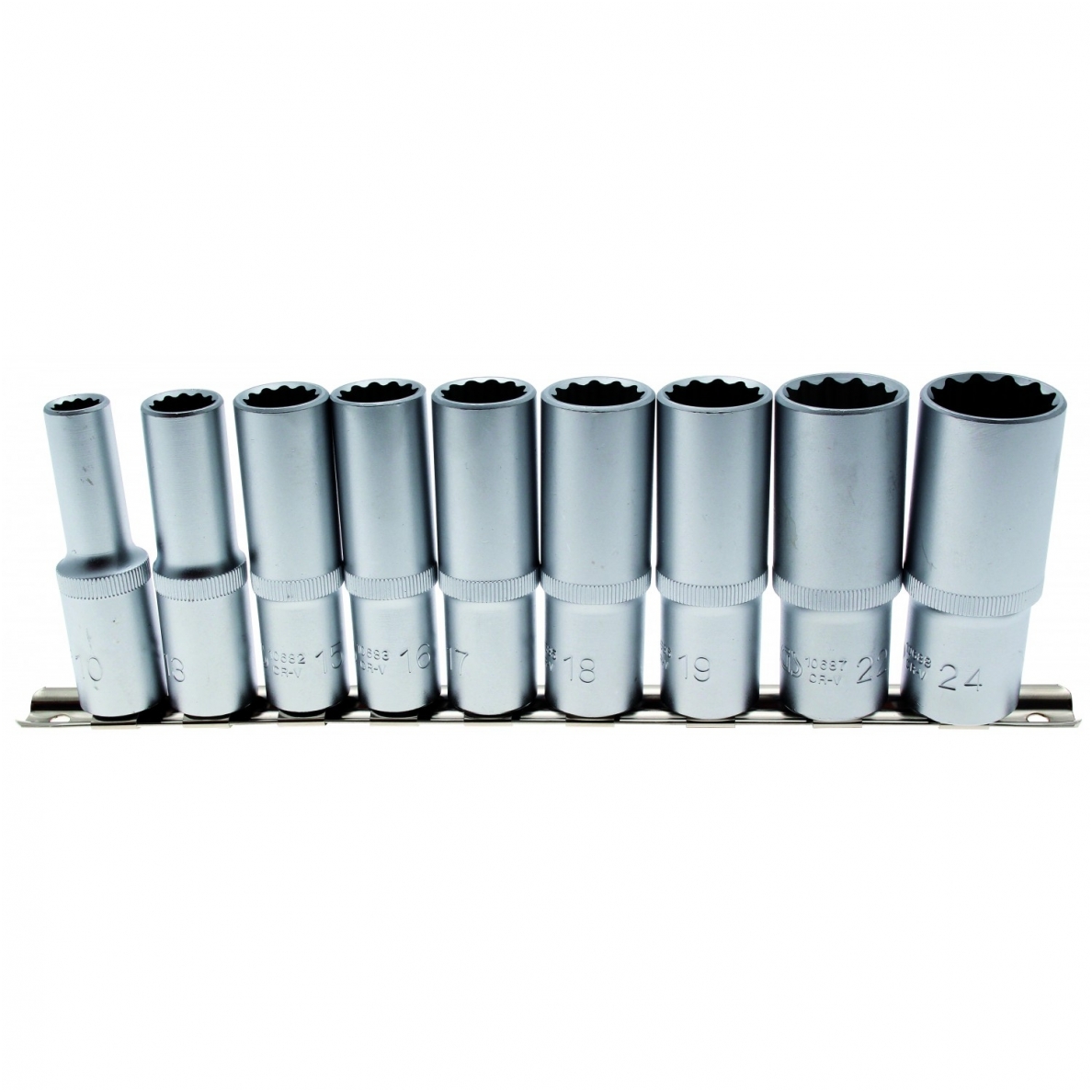 Ilgų 12-kampių galvučių rinkinys 1/2", 10-24 mm, 9 vnt. Ilgų 12-kampių galvučių rinkinys 1/2", 10-24 mm, 9 vnt.