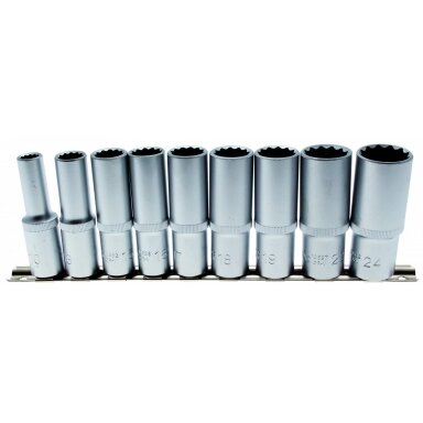 Ilgų 12-kampių galvučių rinkinys 1/2", 10-24 mm, 9 vnt. Ilgų 12-kampių galvučių rinkinys 1/2", 10-24 mm, 9 vnt.