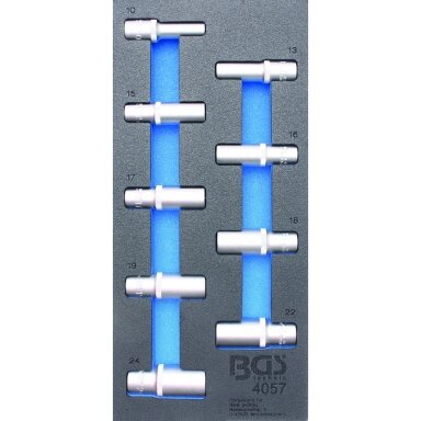Ilgų galvučių rinkinys 1/2", 10-24 mm, 9vnt. su padėklu į spintelę ant ratukų Ilgų galvučių rinkinys 1/2", 10-24 mm, 9vnt. su padėklu į spintelę ant ratukų
