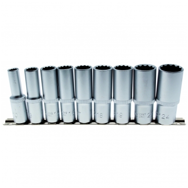 Ilgų 12-kampių galvučių rinkinys 1/2", 10-24 mm, 9 vnt. Ilgų 12-kampių galvučių rinkinys 1/2", 10-24 mm, 9 vnt.