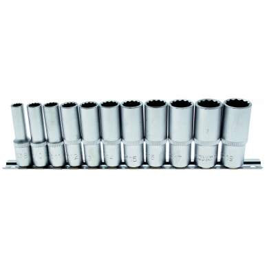 Ilgų 12-kampių galvučių rinkinys 3/8", 8-19 mm, 11 vnt. Ilgų 12-kampių galvučių rinkinys 3/8", 8-19 mm, 11 vnt.