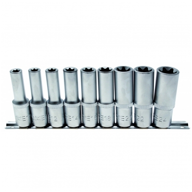 Ilgų E-tipo galvučių rinkinys E10-E24, 1/2", 9 vnt. Ilgų E-tipo galvučių rinkinys E10-E24, 1/2", 9 vnt.