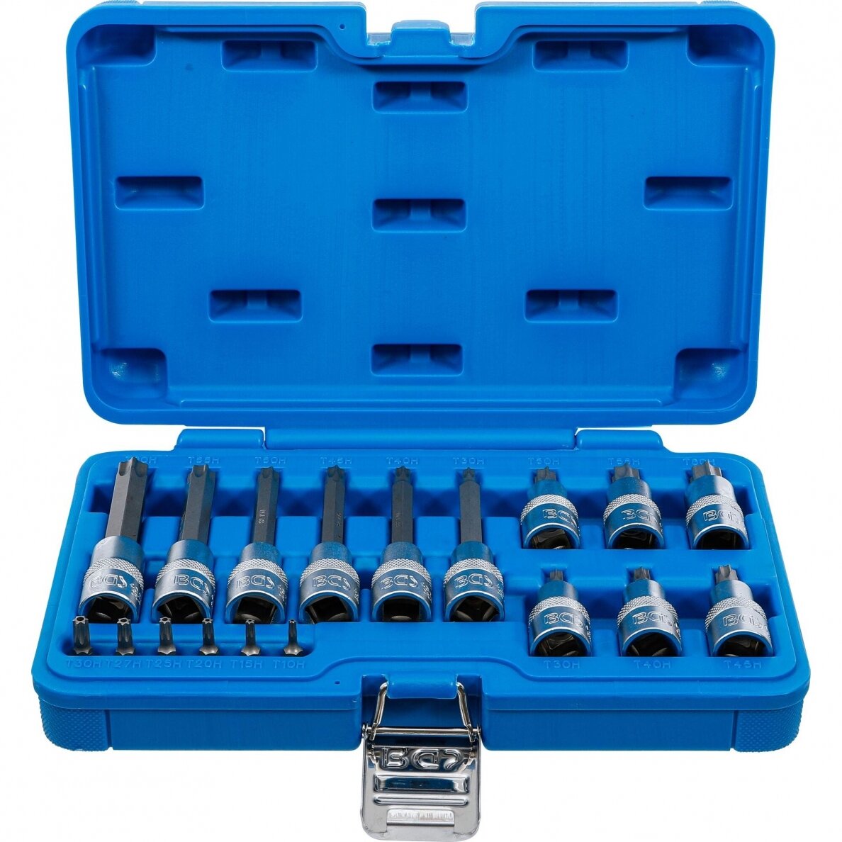 Įpresuotų antgalių rinkinys 6.3mm (1/4") / 12.5mm. (1/2") T-star su skyle (Torx) 18vnt. 1 Įpresuotų antgalių rinkinys 6.3mm (1/4") / 12.5mm. (1/2") T-star su skyle (Torx) 18vnt. 1