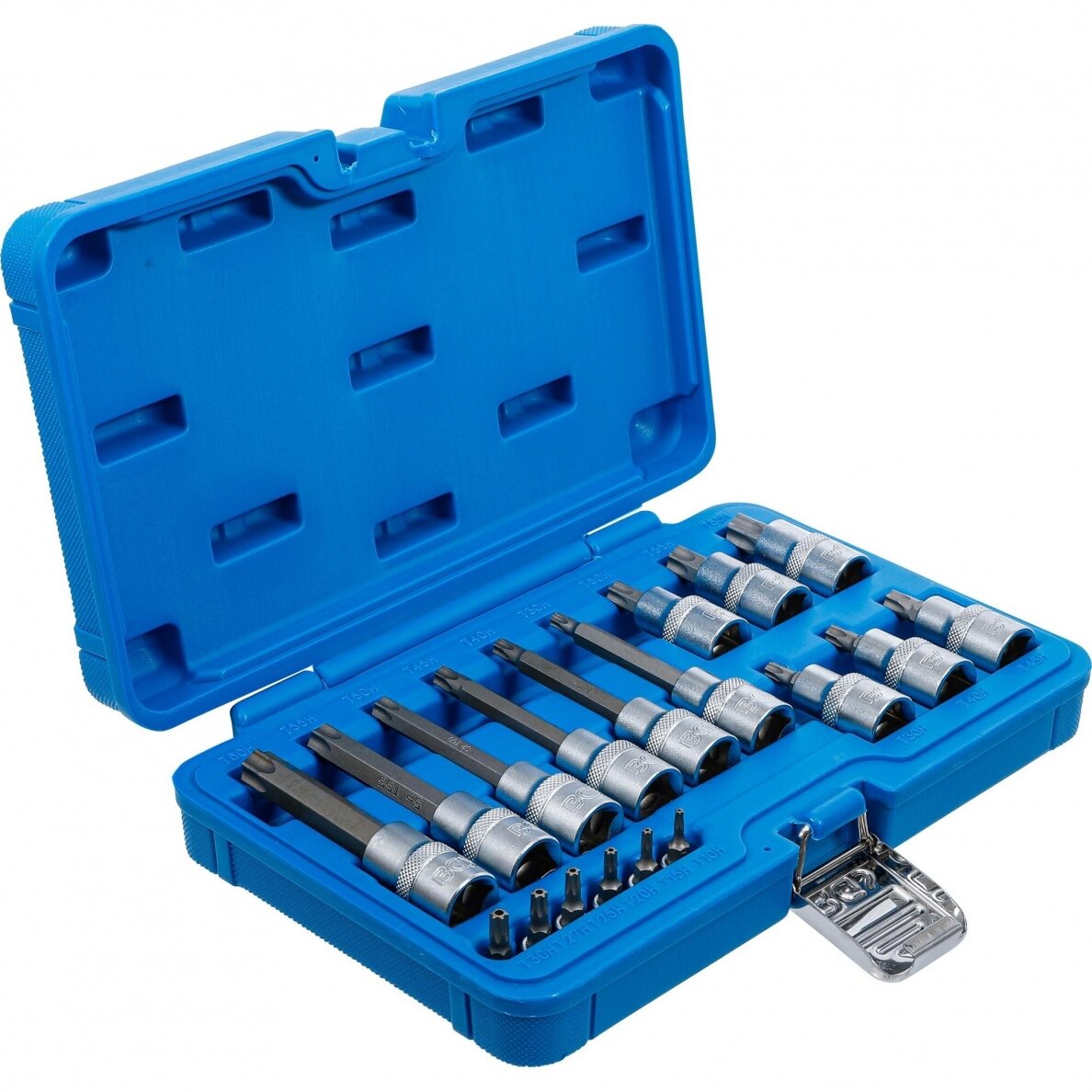 Įpresuotų antgalių rinkinys 6.3mm (1/4") / 12.5mm. (1/2") T-star su skyle (Torx) 18vnt. 2 Įpresuotų antgalių rinkinys 6.3mm (1/4") / 12.5mm. (1/2") T-star su skyle (Torx) 18vnt. 2