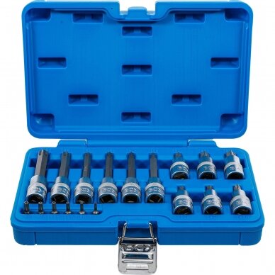 Įpresuotų antgalių rinkinys 6.3mm (1/4") / 12.5mm. (1/2") T-star su skyle (Torx) 18vnt. 1 Įpresuotų antgalių rinkinys 6.3mm (1/4") / 12.5mm. (1/2") T-star su skyle (Torx) 18vnt. 1