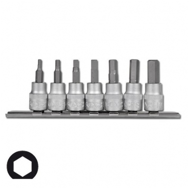 Įpresuotų antgalių rinkinys Hex, 3/8", 3-10 mm Įpresuotų antgalių rinkinys Hex, 3/8", 3-10 mm