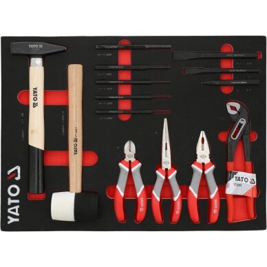 Įrankių dėklas: plaktukai, replės,  išmušėjai,  kalteliai  14 vnt.