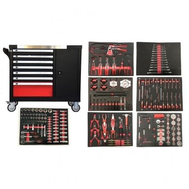 Įrankių spintelė ant ratukų su įrankiais 7 stalčiai / 1 durelės 298 įrankiai 9
