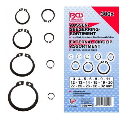 Išorinių žiedų rinkinys 300 vnt 3-32 mm