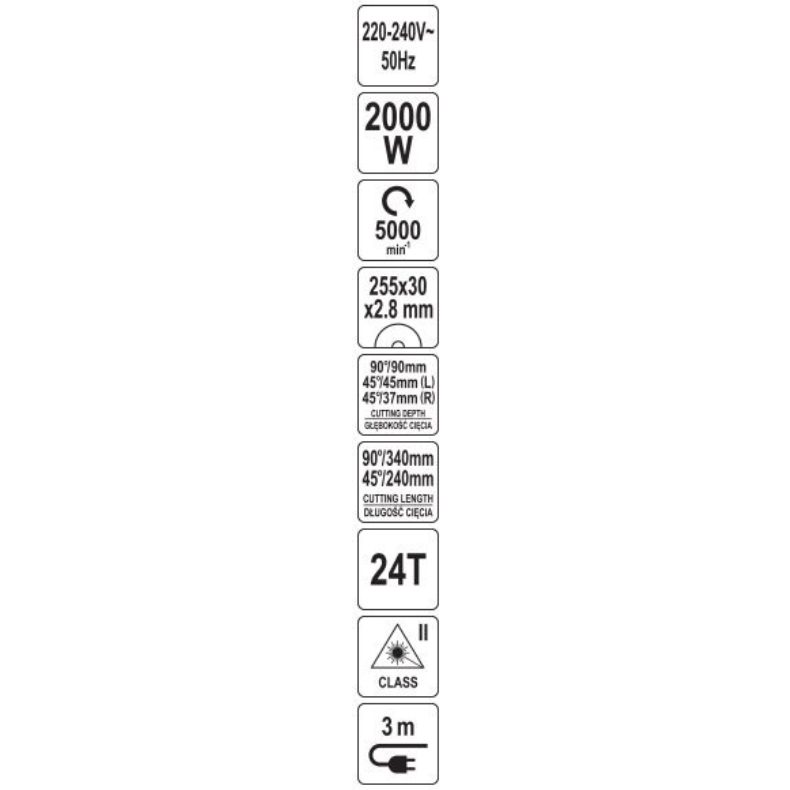 Kampinis skersinio pjovimo pjūklas 2000 W Ø255 mm. su lazeriu ir slankiojančia galva 8 Kampinis skersinio pjovimo pjūklas 2000 W Ø255 mm. su lazeriu ir slankiojančia galva 8