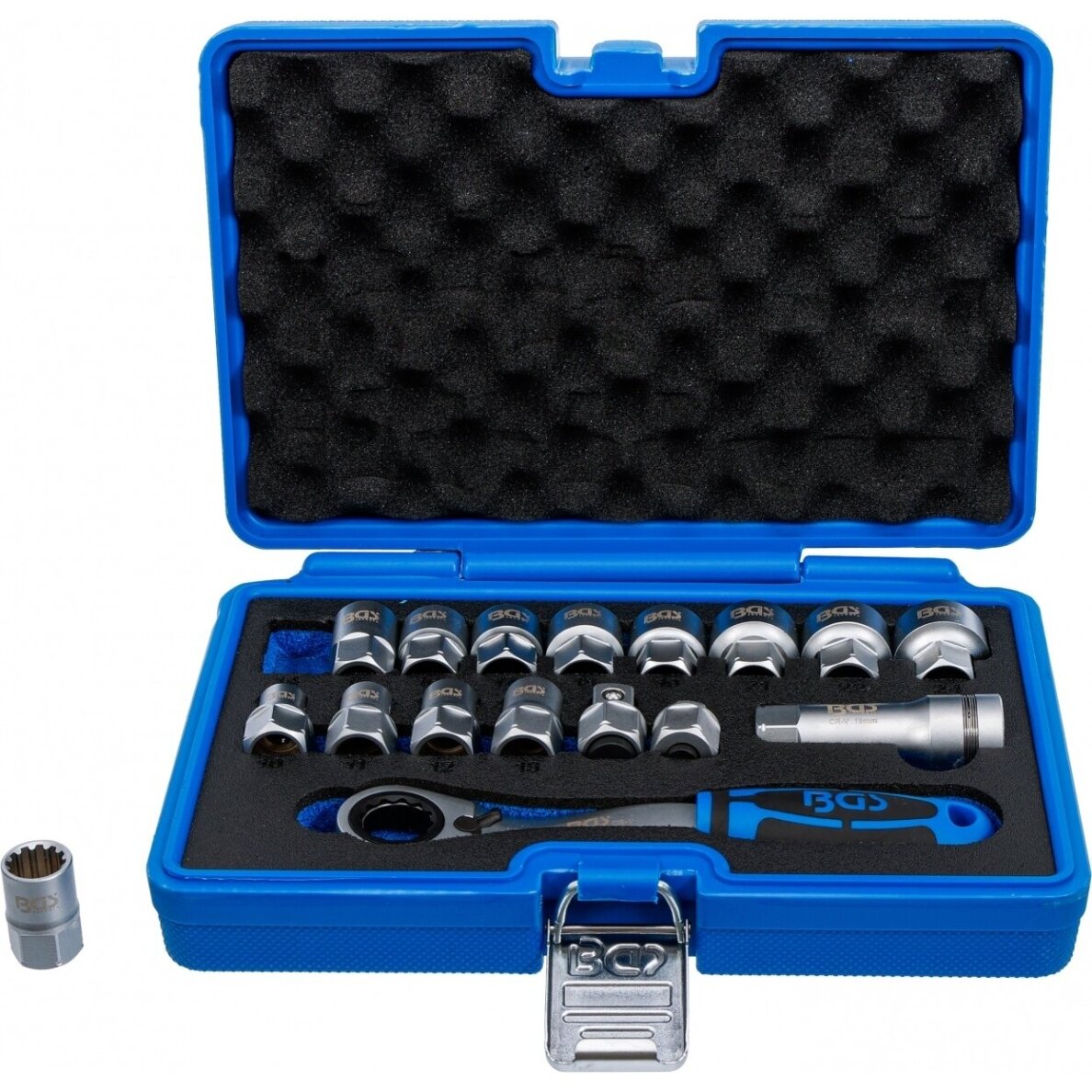 Kiauryminių galvučių rinkinys su terkšle 19 mm. Gear Lock   10 - 24 mm. 17 vnt. 2