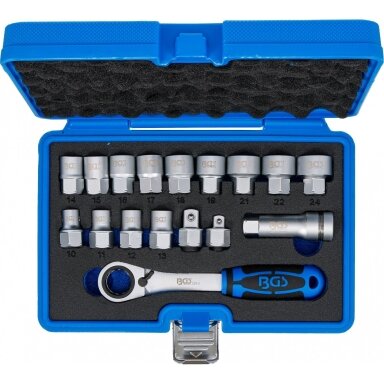Kiauryminių galvučių rinkinys su terkšle 19 mm. Gear Lock   10 - 24 mm. 17 vnt.
