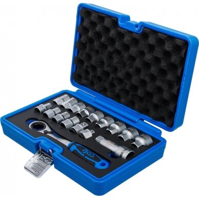 Kiauryminių galvučių rinkinys su terkšle 19 mm. Gear Lock   10 - 24 mm. 17 vnt. 5