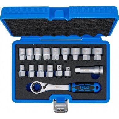 Kiauryminių galvučių rinkinys su terkšle 19 mm. Gear Lock   10 - 24 mm. 17 vnt.