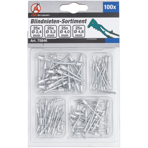 Kniedžių asortimentas Ø 2.4 - 4.8mm. 100vnt. 1 Kniedžių asortimentas Ø 2.4 - 4.8mm. 100vnt. 1
