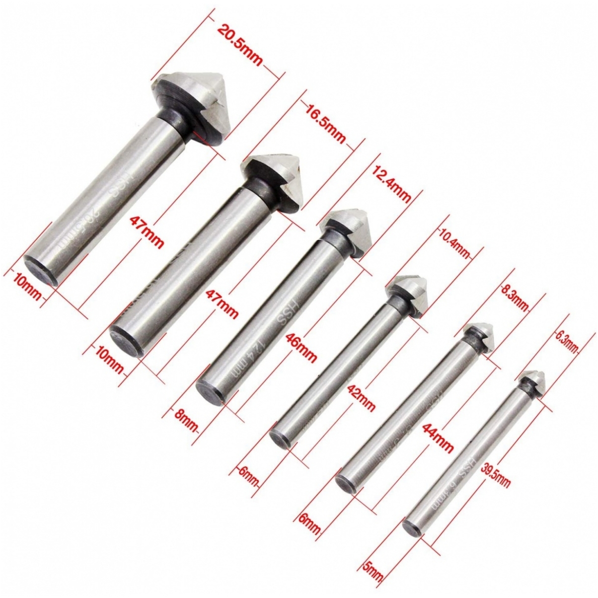 Kūginių grąžtų-frezų rinkinys - HSS - DIN 335 - 90° - 6vnt. 6 Kūginių grąžtų-frezų rinkinys - HSS - DIN 335 - 90° - 6vnt. 6